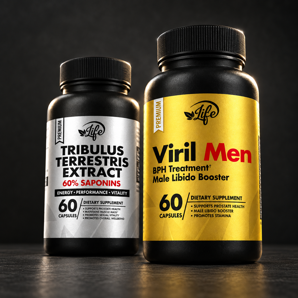 Pack Tribulus y Viril Men desde un ángulo bajo en diagonal sobre fondo oscuro