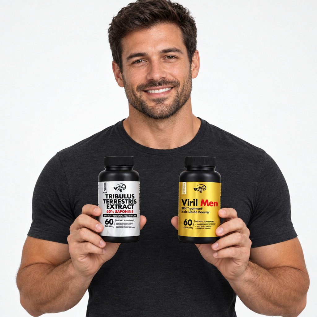 Modelo masculino generado por IA sosteniendo el pack Tribulus y Viril Men