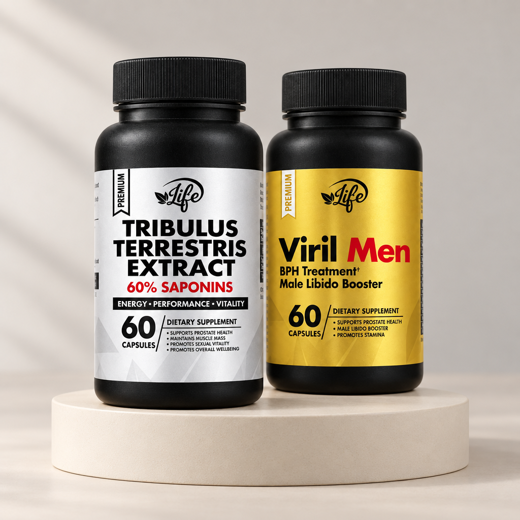 Pack Tribulus y Viril Men sobre una base de estudio, sin personas