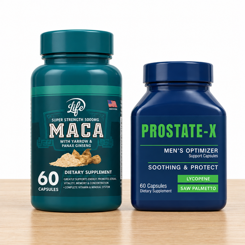 Combo de maca y Prostate-X sobre una superficie de madera, imagen generada por IA