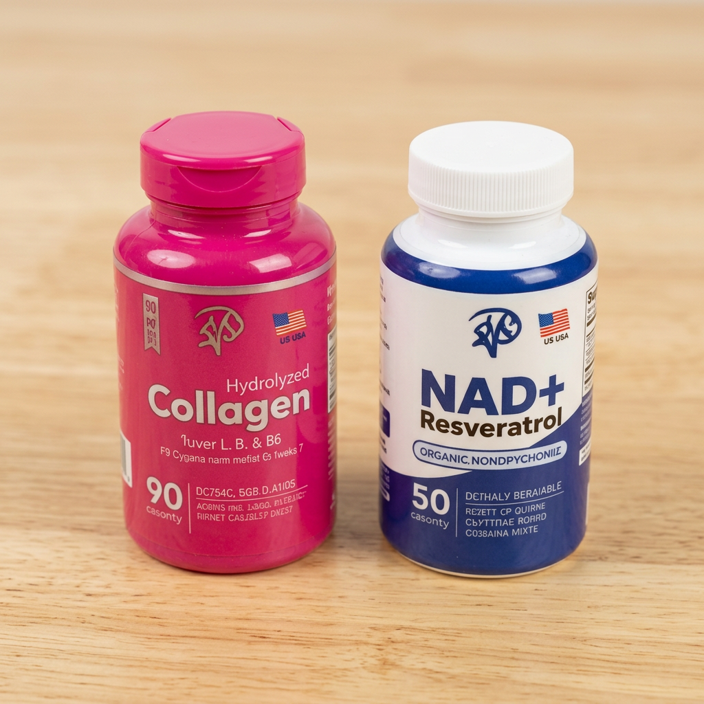Frascos de colágeno y NAD Resveratrol sobre madera clara, en ángulo de tres cuartos