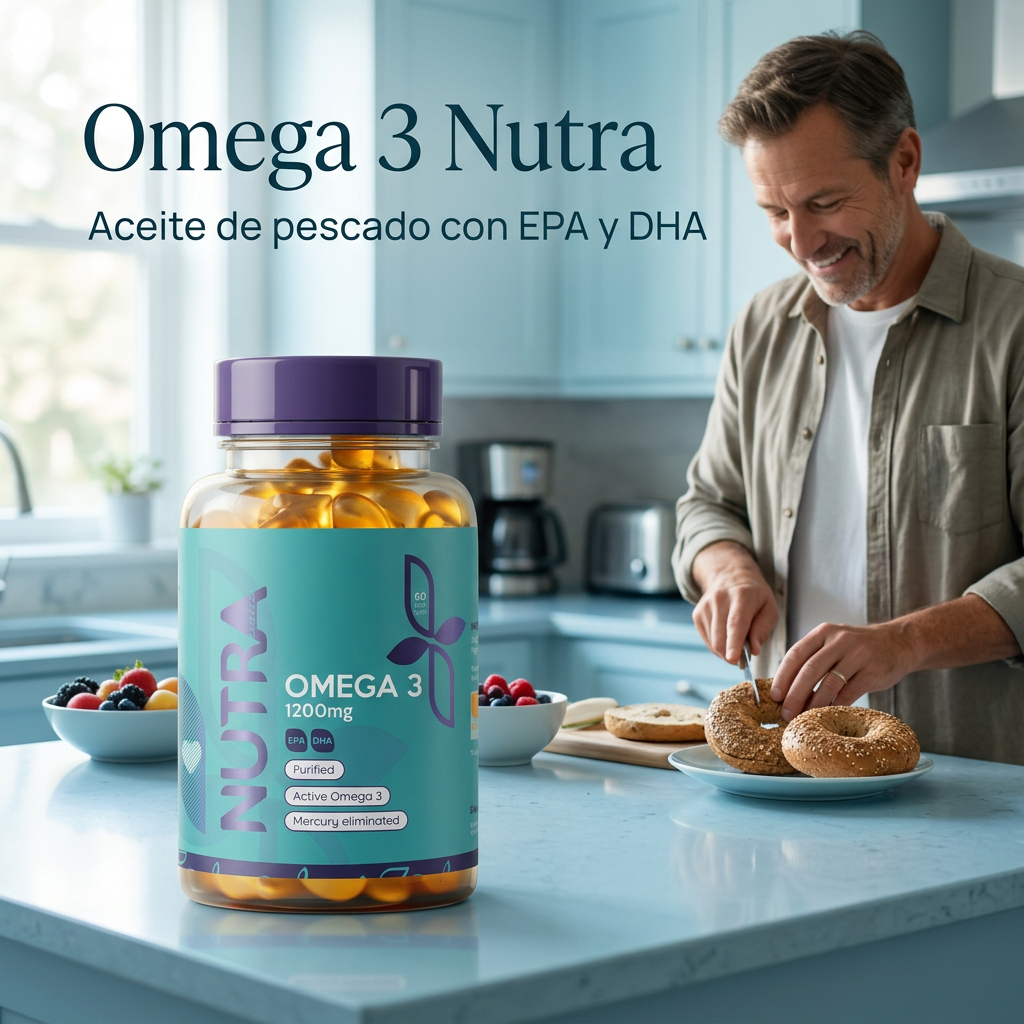 Omega 3 Nutra, ángulo de tres cuartos en una cocina