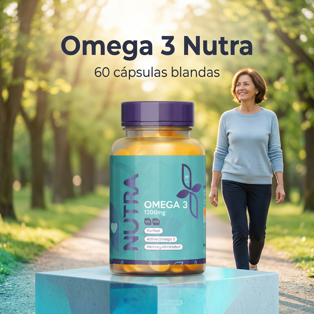 Omega 3 Nutra, vista frontal con escena de parque